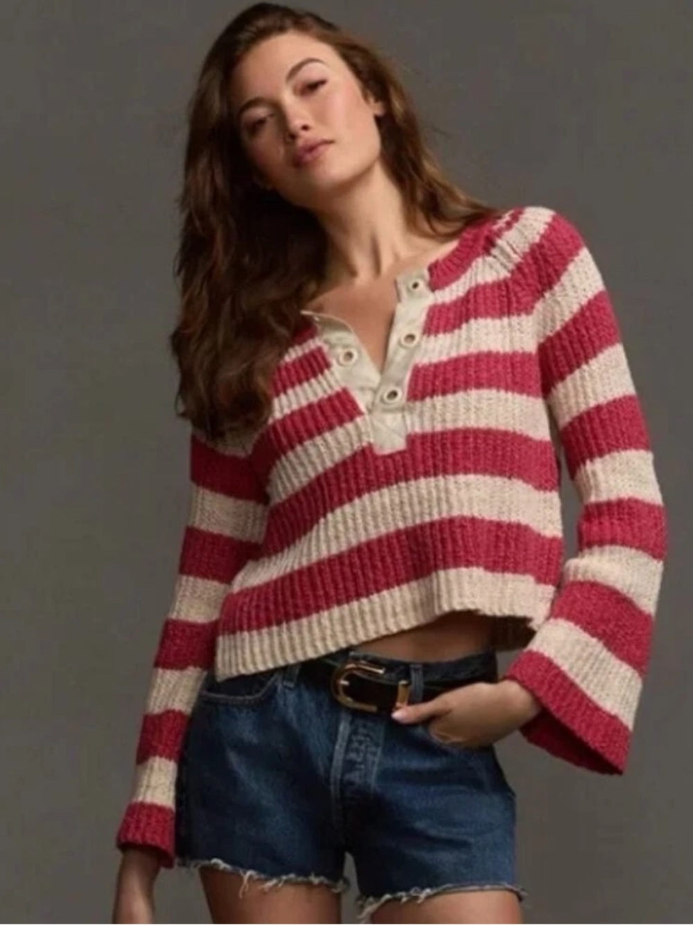 Anthropologie Pilcro Bell-Sleeve Striped Knit Cotton Blend Henley Sweater - XL